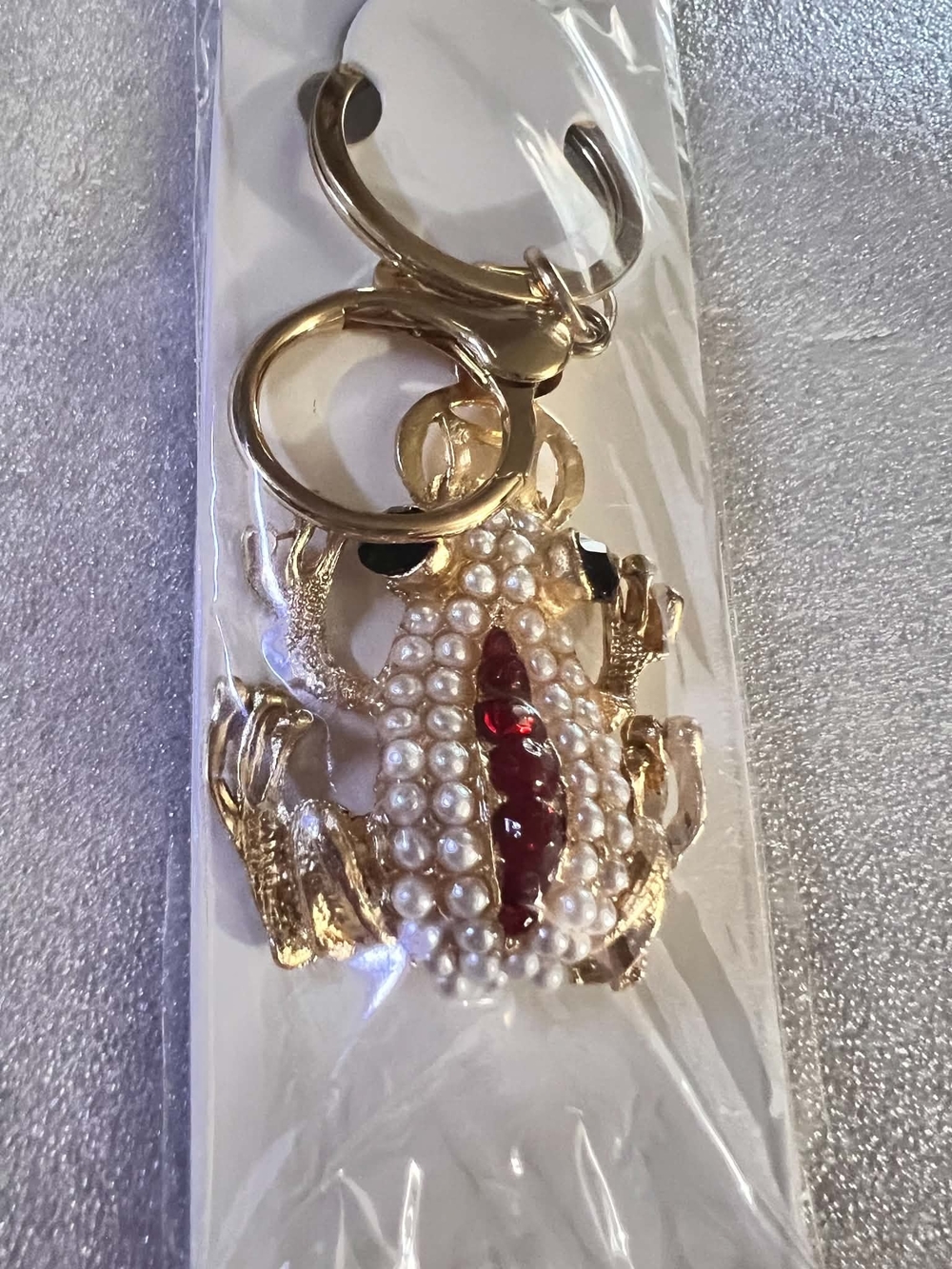 Mint Gold-Tone Frog Keychain with Pearl Beading and Red Accent